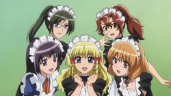 Rule 34 | 1boy, 5girls, apron, blonde hair, blue eyes, bow, brown eyes, brown hair, choker, drill hair, erika (kaichou wa maid-sama!), erika (maid-sama!), glasses, green eyes, green hair, honoka (kaichou wa maid-sama!), honoka (maid-sama!), hyoudou aoi, hyoudou satsuki, kaichou wa maid-sama!, maid, maid apron, maid headdress, multiple girls, open mouth, purple eyes, purple hair, ringlets, screencap, simple background, subaru (kaichou wa maid-sama!), subaru (maid-sama!), trap