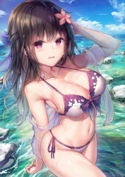 Rule 34 | 1girl, arm up, bare shoulders, bikini, blue sky, blush, braid, breasts, brown hair, character request, cleavage, cloud, collarbone, copyright request, day, flower, groin, hair flower, hair ornament, hand up, large breasts, long hair, looking at viewer, navel, ocean, off shoulder, outdoors, see-through, side-tie bikini bottom, sky, solo, stomach, swimsuit, tama satou, water, wet