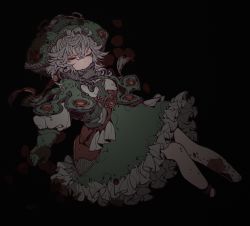 Rule 34 | 1girl, :/, black background, blood, blood on clothes, blood splatter, closed eyes, closed mouth, dress, from side, full body, gloves, green dress, green gloves, green hat, grey hair, hat, highres, iralion, made in abyss, prushka, solo