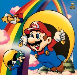 Rule 34 | 1other, 2boys, blue sky, brothers, brown hair, cape, cape luigi, cape mario, cloud, flying, gloves, grin, hat, highres, looking at another, luigi, male focus, mario, mario (series), mountain, multiple boys, nintendo, official art, open mouth, overalls, power-up, rainbow, siblings, sky, smile, super koopa, super mario world, yellow cape