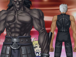 Rule 34 | 00s, 1girl, 2boys, ahoge, archer (fate), artoria pendragon (fate), bad anatomy, bad proportions, heracles (fate), blonde hair, chibi, chibi inset, clenched hands, dark skin, dark-skinned male, fate/hollow ataraxia, fate/stay night, fate (series), game cg, giant, heterochromia, multiple boys, muscular, poorly drawn, saber (fate), size difference, sleeveless, standing, takeuchi takashi