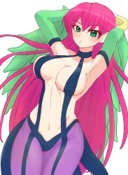 Rule 34 | 1girl, arms behind head, bare shoulders, blush, breasts, claws, commentary request, duel monster, feathered wings, feathers, green eyes, green feathers, green wings, hair between eyes, harpie lady, harpy, highres, large breasts, long hair, monster girl, navel, pantyhose, parted lips, pink hair, pointy ears, rora rash, simple background, solo, very long hair, white background, winged arms, wings, yu-gi-oh!