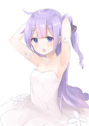 Rule 34 | 1girl, :o, absurdres, armpits, arms up, azur lane, bare shoulders, black ribbon, blush, collarbone, commentary request, detached sleeves, dress, flower, hair bun, hair ribbon, highres, long hair, looking at viewer, natsu (sinker8c), one side up, open mouth, purple eyes, purple hair, ribbon, side bun, simple background, single hair bun, single side bun, solo, strapless, strapless dress, unicorn (azur lane), very long hair, white background, white dress