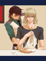 Rule 34 | 10s, 2boys, akano n, alcohol, barnaby brooks jr., blonde hair, brown eyes, brown hair, cup, drinking glass, facial hair, food, fried rice, glasses, green eyes, jewelry, kaburagi t. kotetsu, male focus, multiple boys, napkin, necklace, necktie, stubble, tiger &amp; bunny, upper body, vest, waistcoat, wine, wine glass