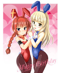 Rule 34 | 2girls, animal ears, ascot, blonde hair, blush, braid, crossover, detached collar, fake animal ears, glasses, happy birthday, highres, holding hands, iketa gamma, leotard, long hair, lyrical nanoha, mahou shoujo lyrical nanoha, mahou shoujo lyrical nanoha a&#039;s, multiple girls, pantyhose, perrine h. clostermann, playboy bunny, rabbit ears, rabbit tail, red hair, strike witches, tail, twin braids, twintails, vita (nanoha), world witches series, wrist cuffs, yellow eyes
