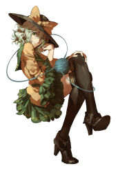 Rule 34 | 1girl, ankle boots, black thighhighs, boots, bow, crossed legs, female focus, frills, full body, green eyes, green hair, hat, hat bow, high heels, highres, komeiji koishi, looking at viewer, matching hair/eyes, ruukii drift, shoe soles, shoes, short hair, simple background, skirt, smile, solo, thighhighs, third eye, touhou, white background