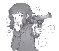 Rule 34 | 1girl, absurdres, female focus, finger on trigger, greyscale, gun, hand to own mouth, handgun, highres, holding, holding gun, holding weapon, long sleeves, looking at viewer, luger p08, medium hair, monochrome, original, parted lips, shichisaburo, simple background, solo, speech bubble, sweat, sweater, translation request, trembling, upper body, weapon, white background