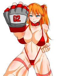 Rule 34 | 1girl, alternate breast size, alternate universe, bad proportions, bare legs, bare shoulders, bikini, blue eyes, breasts, curvy, fighting stance, fingerless gloves, gauntlets, gloves, hair ornament, highres, interface headset, large breasts, long hair, looking at viewer, muscular, muscular female, neon genesis evangelion, red bikini, shiny clothes, shiny skin, simple background, smile, solo, souryuu asuka langley, spread legs, swimsuit, thong bikini, two side up, underwear, very long hair, wakusan, wide hips