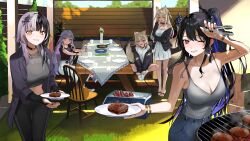Rule 34 | 5girls, absurdres, alternate costume, animal ears, asymmetrical horns, black shirt, breasts, casual, cleavage, contemporary, cooking, crystal horns, denim, dog ears, dog girl, dress, food, fuwawa abyssgard, grill, grilling, hievasp, highres, holding, holding tongs, holoadvent, hololive, hololive english, horns, jacket, jeans, jewel under eye, koseki bijou, large breasts, long hair, looking at viewer, meat, medium breasts, mococo abyssgard, multicolored hair, multiple girls, nerissa ravencroft, open clothes, open jacket, pants, shiori novella, shirt, short hair, short sleeves, siblings, sisters, smile, split-color hair, sweatpants, tank top, tongs, twins, uneven horns, virtual youtuber