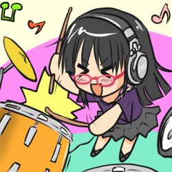 Rule 34 | &gt; &lt;, 1girl, :d, beamed quavers, black hair, character request, drum, drum set, drumsticks, closed eyes, glasses, headphones, hinata-bokko (sanpo fuumi), instrument, musical note, open mouth, quaver, smile, solo, xd