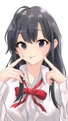 1girl :p ahoge black_hair blue_eyes fingers_to_cheeks hair_ribbon highres kageyama_izumi long_hair looking_at_viewer neck_ribbon red_ribbon ribbon school_uniform simple_background sobu_high_school_uniform solo tongue tongue_out white_background yahari_ore_no_seishun_lovecome_wa_machigatteiru. yukinoshita_yukino