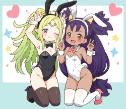 Rule 34 | 2girls, animal ears, black leotard, black thighhighs, blush, bow, bowtie, breasts, brown eyes, circlet, commentary, commission, creatures (company), crossover, dark-skinned female, dark skin, detached collar, double v, english commentary, fake animal ears, fake tail, fire emblem, fire emblem awakening, full body, game freak, green hair, high heels, highres, iris (pokemon), kneeling, leotard, long hair, looking at viewer, multiple girls, nintendo, nowi (fire emblem), one eye closed, onyhakase, open mouth, playboy bunny, pointy ears, pokemon, pokemon bw, purple eyes, purple hair, rabbit ears, rabbit pose, rabbit tail, second-party source, small breasts, smile, strapless, strapless leotard, tail, thighhighs, v, very long hair, white leotard, white thighhighs, wrist cuffs
