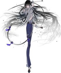 Rule 34 | 10s, 1boy, androgynous, beads, black hair, closed eyes, full body, gloves, gradient hair, injury, juzumaru tsunetsugu, katana, long hair, male focus, molatoliamu, multicolored hair, official art, open mouth, pants, personification, shirt, solo, sword, torn clothes, torn pants, torn shirt, touken ranbu, transparent background, weapon, white gloves