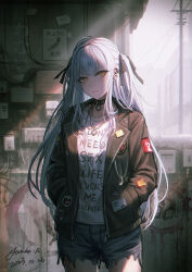 Rule 34 | 1girl, bang dream!, bang dream! it&#039;s mygo!!!!!, black jacket, black ribbon, brown eyes, closed mouth, clothes writing, commentary request, cowboy shot, dated, denim, denim shorts, grey hair, grey shorts, hair ribbon, hands in pockets, highres, jacket, long hair, looking at viewer, open clothes, open jacket, power lines, profanity, ribbon, shirt, short shorts, shorts, signature, solo, standing, togawa sakiko, torn clothes, torn shorts, two side up, utility pole, very long hair, white shirt, yurichtofen