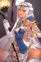 Rule 34 | 1girl, abs, altera (fate), breasts, caster of the nocturnal castle, cosplay, covered erect nipples, covered navel, dark-skinned female, dark skin, fate/grand order, fate (series), holding, holding sword, holding weapon, i-pan, long hair, looking at viewer, red eyes, scheherazade (fate), smile, solo, sword, tattoo, thighhighs, very long hair, weapon, white hair, white thighhighs