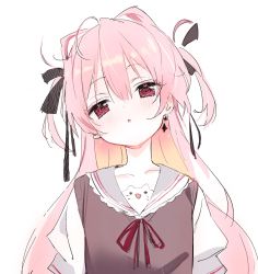 Rule 34 | 1girl, ahoge, black ribbon, blush, character request, copyright request, earrings, gradient hair, hair between eyes, hair ribbon, hibimegane, highres, jewelry, long hair, multicolored hair, original, parted lips, pink hair, red eyes, ribbon, shirt, simple background, single earring, solo, upper body, very long hair, white background