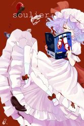 Rule 34 | 1girl, chabi (amedama), closed eyes, dress, full body, hair over one eye, hat, hat ribbon, light purple hair, magazine (object), mary janes, md5 mismatch, mob cap, nail polish, puffy sleeves, red background, remilia scarlet, resized, ribbon, sash, shoes, short hair, short sleeves, smile, socks, solo, striped clothes, striped socks, text focus, touhou