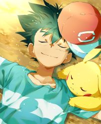 Rule 34 | 1boy, 32890 (artist), absurdres, ash ketchum, baseball cap, closed eyes, closed mouth, collarbone, commentary, creatures (company), game freak, gen 1 pokemon, green hair, hat, highres, lying, male focus, nintendo, on back, pikachu, pokemon, pokemon (anime), pokemon (creature), pokemon sm (anime), shirt, smile, striped clothes, striped shirt, t-shirt