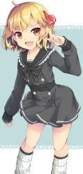 Rule 34 | 1girl, :d, black bow, black dress, black sailor collar, blonde hair, blush, bow, collarbone, commentary request, dress, fang, grey background, hair ribbon, hand up, highres, kneehighs, layered legwear, long sleeves, looking at viewer, loose socks, open mouth, pleated dress, puffy long sleeves, puffy sleeves, red eyes, red ribbon, ribbed legwear, ribbon, rumia, sailor collar, sailor dress, sleeves past wrists, smile, socks, solo, standing, touhou, two-tone background, uumaru, white background, white socks