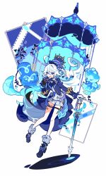 Rule 34 | 1girl, ahoge, ascot, asymmetrical gloves, black footwear, black gloves, blue ascot, blue bow, blue coat, blue eyes, blue hat, bow, bowtie, carousel, coat, commentary, floating, full body, furina (genshin impact), genshin impact, gloves, hand up, hat, heterochromia, highres, holding, holding sword, holding weapon, ideolo, long hair, looking at viewer, mismatched gloves, open mouth, shadow, shirt, shorts, smile, socks, solo, swept bangs, sword, symbol-only commentary, thigh strap, top hat, weapon, white gloves, white hair, white shirt, white shorts, white socks, window