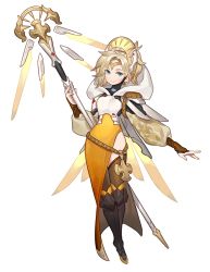 Rule 34 | 1girl, blonde hair, blue eyes, boots, full body, gwayo, hat ornament, highres, hood, knee boots, mercy (overwatch), overwatch, overwatch 1, puffy sleeves, solo, staff, thighs, transparent background, wings