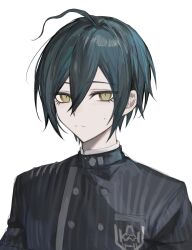 Rule 34 | 1boy, ahoge, black hair, black jacket, closed mouth, danganronpa (series), danganronpa v3: killing harmony, hair between eyes, highres, jacket, looking at viewer, male focus, saihara shuichi, simple background, solo, striped clothes, striped jacket, sweat, upper body, white background, yellow eyes, zaso