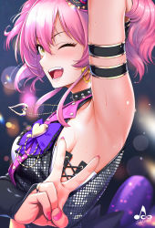 Rule 34 | 1girl, ;d, arm up, armlet, armpits, artist name, bandeau, bare shoulders, black gloves, blurry, blurry background, blush, bokeh, breasts, bridal gauntlets, brooch, chain, choker, collarbone, depth of field, earrings, eyelashes, gloves, hair between eyes, hand gesture, heart, heart earrings, heart necklace, highres, idolmaster, idolmaster cinderella girls, infinote, jacket, jewelry, jougasaki mika, long hair, looking at viewer, medium breasts, nail polish, necklace, one eye closed, open clothes, open jacket, open mouth, pink hair, pink nails, ponytail, ring, sequins, sideboob, sidelocks, signature, sleeveless, sleeveless jacket, smile, solo, sweat, twintails, upper body, v, yellow eyes