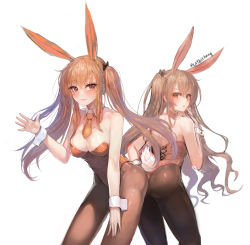Rule 34 | 2girls, :o, absurdres, animal ears, ass, bare shoulders, black bow, black pantyhose, blush, bow, breasts, brown eyes, brown hair, cleavage, closed mouth, commentary, detached collar, fake animal ears, from behind, girls&#039; frontline, hair between eyes, hair bow, hand on own leg, highres, large breasts, leaning forward, leotard, light smile, long hair, looking at viewer, looking back, multiple girls, necktie, open mouth, orange necktie, panties, pantyhose, playboy bunny, rabbit ears, rabbit tail, red eyes, red leotard, short necktie, siblings, sisters, sketch, tail, twins, twintails, twitter username, two side up, ump45 (girls&#039; frontline), ump9 (girls&#039; frontline), underwear, very long hair, white background, wing collar, wrist cuffs, zonekiller10