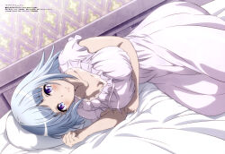 Rule 34 | 1girl, absurdres, bare arms, bed sheet, blue hair, blunt bangs, blush, breasts, cleavage, closed mouth, collarbone, dress, highres, indoors, large breasts, looking at viewer, lying, medium breasts, megami magazine, official art, on bed, on side, pajamas, pillow, purple eyes, ragna crimson, scan, sleepwear, smile, solo, ultimatia (ragna crimson), white dress