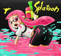 Rule 34 | 1girl, ^^^, all fours, ass, bike shorts, blush, copyright name, fangs, holding, holding weapon, ink tank, ink tank (splatoon), inkling, inkling girl, inkling player character, long hair, looking at viewer, looking back, nintendo, open mouth, oro (zetsubou girl), paint splatter, pink eyes, pink hair, pointy ears, shirt, single vertical stripe, solo, splatoon (series), splatoon 1, splattershot (splatoon), super soaker, surprised, tentacle hair, weapon, white shirt