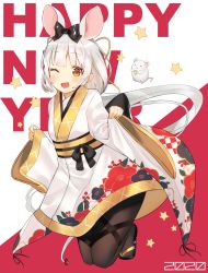 Rule 34 | 1girl, 2020, ;d, animal, animal ears, black bow, black footwear, black pantyhose, bow, brown eyes, chinese zodiac, commentary request, floral print, full body, hair bow, happy new year, highres, idemitsu, japanese clothes, kimono, long hair, long sleeves, looking at viewer, mouse (animal), mouse ears, new year, obi, one eye closed, open mouth, original, pantyhose, pinching sleeves, print kimono, red background, sandals, sash, silver hair, sleeves past wrists, smile, solo, star (symbol), two-tone background, white background, white kimono, wide sleeves, year of the rat, zouri