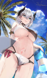 Rule 34 | 1girl, absurdres, aqua eyes, arm strap, bare shoulders, bikini, blue sky, blush, bow, breasts, day, from below, gluteal fold, hair between eyes, highres, horns, innertube, large breasts, looking afar, navel, original, outdoors, palm tree, parted lips, red bow, shirasu (19san), short hair, side-tie bikini bottom, signature, silver hair, sky, smile, solo, stomach, swim ring, swimsuit, tree, two-tone bikini, underboob