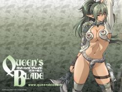 Rule 34 | 00s, 1girl, armor, black hair, breasts, cleavage, dyed bangs, echidna (queen&#039;s blade), echidna (queen's blade), elf, grey hair, large breasts, long hair, midriff, multicolored hair, official art, official wallpaper, pointy ears, ponytail, queen&#039;s blade, red eyes, revealing clothes, snake, solo, standing, thighhighs, two-tone hair, underboob, veteran mercenary echidna, wallpaper