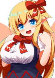 Rule 34 | 1girl, alternate breast size, alternate costume, blonde hair, blue eyes, breasts, fairy, fairy wings, fang, gero zoukin, highres, large breasts, lily white, long hair, oppai loli, pointy ears, simple background, solo, touhou, white background, wings