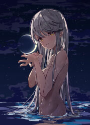 Rule 34 | 1girl, absurdres, breasts, completely nude, convenient censoring, crescent moon, grey hair, highres, large breasts, long hair, looking at viewer, moon, navel, night, night sky, nude, ocean, original, puni (punycolors), shallow water, sky, solo, swept bangs, water, wet, yellow eyes