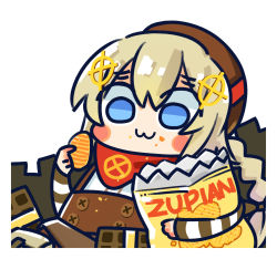 Rule 34 | 1girl, :3, beret, blonde hair, blue eyes, blush stickers, chibi, chips (food), crumbs, fnc (girls&#039; frontline), food, girls&#039; frontline, hair between eyes, hat, highres, long hair, official art, solo, su xiao jei, very long hair