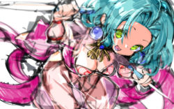 Rule 34 | 1girl, :d, back bow, bow, breasts, colored eyelashes, cowboy shot, dagger, dual wielding, earrings, ellis (toushinden), fujishima-sei ichi-gou, green eyes, green hair, highres, holding, holding dagger, holding knife, holding weapon, jewelry, knife, large breasts, leotard, looking at viewer, mismatched eyelashes, necklace, open mouth, parted bangs, pink bow, reverse grip, round teeth, see-through, see-through sleeves, short hair, simple background, sketch, smile, solo, teeth, toushinden, weapon, white background, white leotard