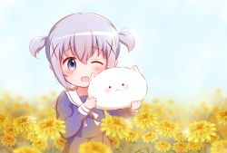 Rule 34 | 1girl, ;d, angora rabbit, animal, blue dress, blue eyes, blue hair, blurry, blurry background, blurry foreground, blush, commentary request, dandelion, day, depth of field, dress, field, flower, flower field, gochuumon wa usagi desu ka?, goth risuto, hair between eyes, hands up, holding, holding animal, kafuu chino, long sleeves, looking at viewer, one eye closed, open mouth, outdoors, partial commentary, rabbit, revision, sailor collar, sailor dress, sidelocks, smile, tippy (gochiusa), two side up, white sailor collar, yellow flower