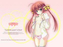 Rule 34 | 1girl, bow, bow panties, breasts, english text, engrish text, flat chest, frilled panties, frills, halftone, halftone background, highres, lingerie, looking at viewer, nanao naru, no bra, open clothes, open shirt, panties, pink panties, polka dot, polka dot panties, ranguage, ribbon, shirt, short twintails, shy, solo, twintails, underwear