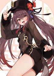 Rule 34 | 1girl, :d, absurdres, arm up, bad id, bad twitter id, black hat, black nails, black shorts, blush, brown eyes, brown hair, brown jacket, flower, flower-shaped pupils, genshin impact, hair between eyes, hat, hat flower, highres, hu tao (genshin impact), jacket, long hair, long sleeves, nail polish, open mouth, racchi., red flower, short shorts, shorts, sleeves past wrists, smile, solo, symbol-shaped pupils, twintails, very long hair