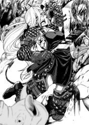 Rule 34 | 1girl, absurdres, alternate costume, apron, black apron, blood, blood on face, bloody knife, bloody weapon, chainsaw man, cross-shaped pupils, demon girl, demon horns, dorohedoro, full body, gloves, greyscale, highres, holding, holding knife, holding weapon, horns, knife, long hair, looking to the side, monochrome, open mouth, ponytail, power (chainsaw man), sharp teeth, solo, symbol-shaped pupils, tebasaki kaese, teeth, weapon
