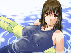 Rule 34 | 1girl, breasts, brown eyes, brown hair, covered erect nipples, lane line, large breasts, leaning back, lying, on back, one-piece swimsuit, pool, ripples, school swimsuit, smile, solo, swimsuit, takeda sun, water, wet