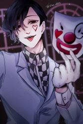 Rule 34 | 1boy, absurdres, artist name, black hair, black shirt, checkered clothes, checkered shirt, clown mask, furuta nimura, gloves, grey jacket, heart, highres, holding, holding mask, jacket, kino (uni sk38), long sleeves, looking at viewer, mask, unworn mask, red background, red eyes, shirt, short hair, solo, spoilers, teeth, tokyo ghoul, tokyo ghoul:re, tongue, tongue out, upper body, upper teeth only, white gloves, white shirt