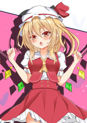 Rule 34 | 1girl, :o, ascot, blonde hair, blush, breasts, collared shirt, cowboy shot, fang, flandre scarlet, frilled skirt, frilled sleeves, frills, hair between eyes, hat, hat ribbon, highres, kazehouri (syarodio ganon), looking at viewer, medium breasts, medium hair, mob cap, multicolored wings, open mouth, pink background, puffy short sleeves, puffy sleeves, red eyes, red ribbon, red skirt, red vest, ribbon, shadow, shirt, short sleeves, side ponytail, skirt, skirt set, solo, touhou, vest, white hat, white shirt, wings, yellow ascot