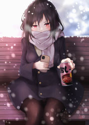 Rule 34 | 1girl, absurdres, bad id, bad pixiv id, bench, black coat, black hair, blurry, blush, bokeh, breasts, can, cellphone, coat, commentary request, covered mouth, depth of field, feet out of frame, hair between eyes, highres, holding, holding can, holding phone, huge filesize, kazanock, long hair, looking at viewer, medium breasts, original, pantyhose, phone, red eyes, religious offering, revision, scarf, sitting, smartphone, snowing, solo, v-shaped eyebrows, white scarf