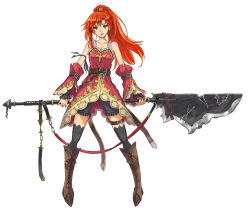 Rule 34 | 1girl, absurdres, bare shoulders, belt, boots, cocoroten, collarbone, detached sleeves, halberd, highres, original, polearm, ponytail, red eyes, red hair, shorts, simple background, solo, weapon, white background