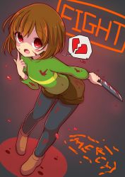 Rule 34 | absurdres, androgynous, black pantyhose, blood, blood on clothes, blood on face, bloody knife, blush stickers, brown footwear, brown hair, brown shorts, chara (undertale), finger to cheek, full body, gender request, highres, holding, holding knife, inon, knife, leaning forward, long sleeves, looking at viewer, open mouth, pantyhose, red eyes, shaded face, shoes, shorts, solo, standing, undertale