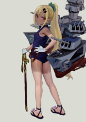 Rule 34 | 1girl, blonde hair, blush, breasts, cannon, closed mouth, copyright request, fkey, from behind, gloves, hair ornament, hair scrunchie, hairclip, hand on hilt, high ponytail, highres, holding, holding sword, holding weapon, kneepits, long hair, looking at viewer, looking back, machinery, one-piece swimsuit, ponytail, purple one-piece swimsuit, red eyes, rigging, sandals, scrunchie, simple background, small breasts, solo, swimsuit, sword, tan, tanline, very long hair, weapon, white background, white gloves