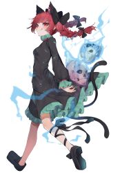 Rule 34 | 1girl, :q, absurdres, animal ears, black bow, black dress, black footwear, bow, braid, breasts, cat ears, commentary request, dress, extra ears, full body, hair bow, highres, kaenbyou rin, long hair, long sleeves, looking at viewer, red eyes, red hair, shoes, simple background, skull, small breasts, solo, tongue, tongue out, touhou, tsune (tune), twin braids, walking, white background