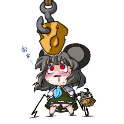 Rule 34 | 1girl, animal ears, basket, bloomers, blurry, blush, cheese, chibi, depth of field, dewsell, dowsing rod, drooling, female focus, food, grey hair, jewelry, looking up, mouse (animal), mouse ears, mouse tail, nazrin, pendant, red eyes, saliva, short hair, solo, sweat, tail, touhou, underwear